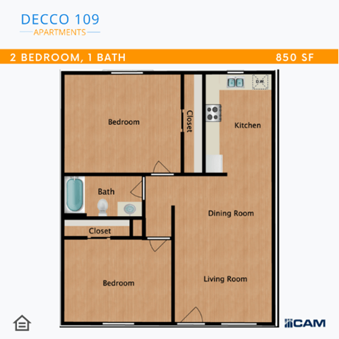 Floor plan for 2 beds, 1 bath, 850 sqft